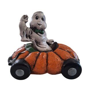 Vintage Holland Mold 2 Piece Ghost in Pumpkin Car Ceramic Halloween Figurine